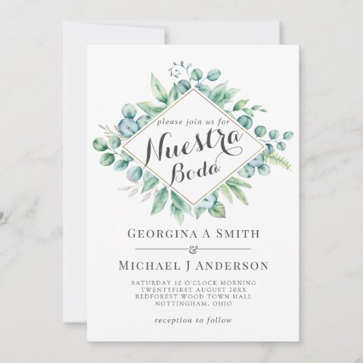 Carte Nuestra Boda Invitacion Eucalyptus Vert moderne (Devant)