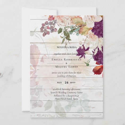 Carte NUESTRA BODA Plum Fall Floral Mariage espagnol (Devant)