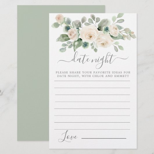 Carte Nuit Rose Blanche Floral Green Date (Devant / Derrière)