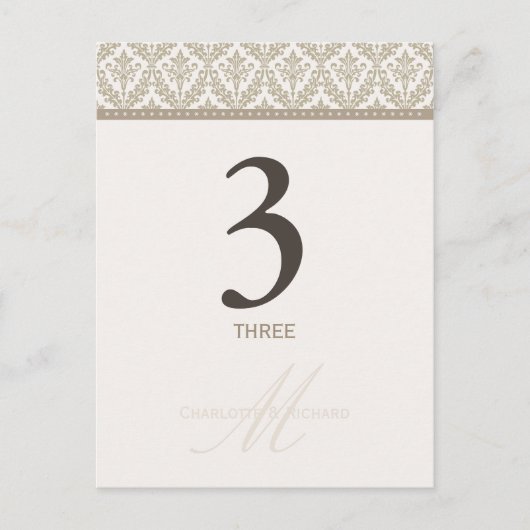 Carte Numéro de table Champagne Damask Monogramme (Devant)