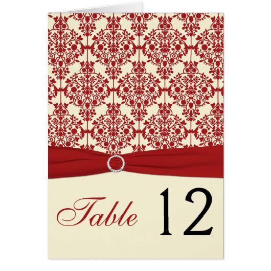 Carte Numéro de table Crème et Damas rouge (Devant)