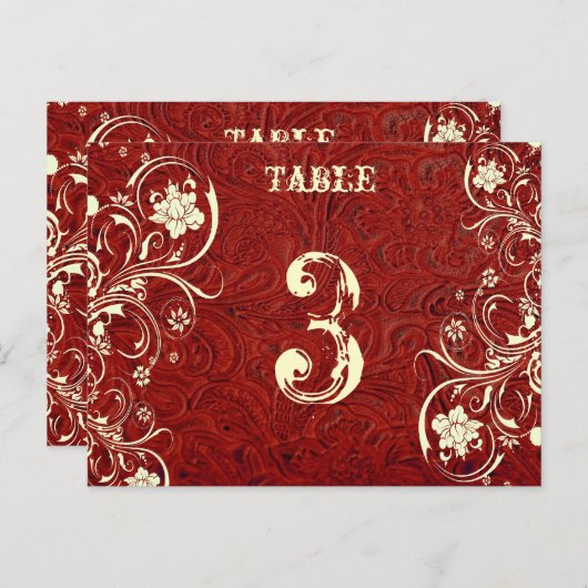 Carte Numéro de table en cuir rouge (crème, plat) (Devant / Derrière)