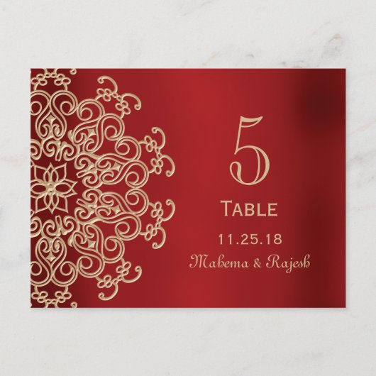 CARTE NUMÉRO DE TABLE MARIAGE INDIEN ROUGE ET OR (Devant)
