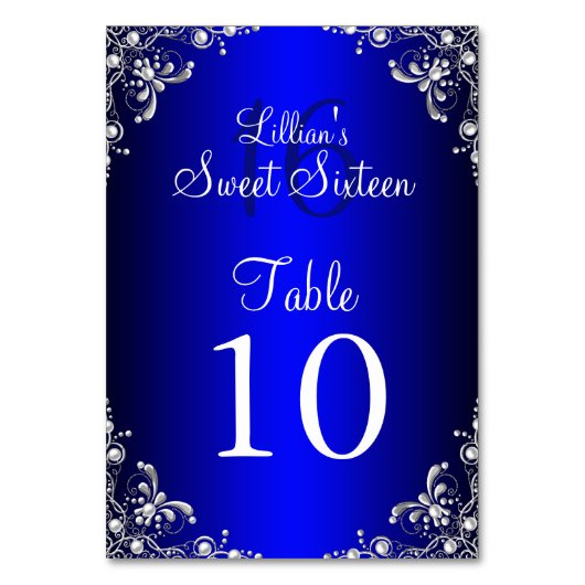 Carte Numéro de tableau Royal Blue Sweet 16 Silver (Par défaut)