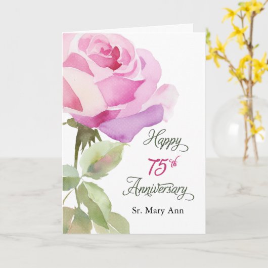 Carte Nun Custom Name 75th Anniversary Pink Rose (Fleur jaune)