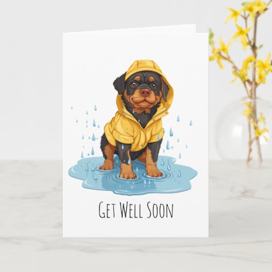Carte Obtenez bien Bientôt Rottweiler Chien portant Rain (Fleur jaune)