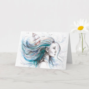 Carte Ocean girl Nautical Surreal Aquarelle Art d'encre