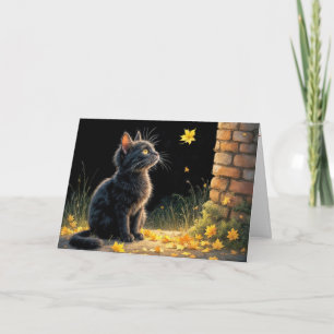 Carte Octobre Anniversaire Kitten Regarder une feuille d