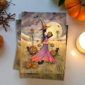 Carte Octobre Champs Halloween sorcière et chats Imagina