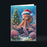Carte Octopus de Noël portant un chapeau de Père Noël<br><div class="desc">Une scène sous-marine géante abrite une pieuvre portant un chapeau de Père Noël entouré de coraux colorés et d'un sapin décoré. Tout le texte peut être modifié.</div>