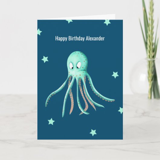 Carte Octopus turquoise minimaliste Anniversaire personn (Devant)