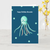 Carte Octopus turquoise minimaliste Anniversaire personn (Fleur jaune)