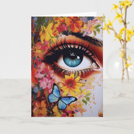 Carte Oeil avec fleurs et papillon (Fleur jaune)