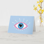 Carte Oeil mal grec avec cils rose bleu (Fleur jaune)