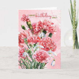 Carte Œillets roses de janvier avec perce-neige pour ann