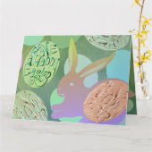 Carte OEufs de lapin de Pâques sur Vert Bleu (Fleur jaune)