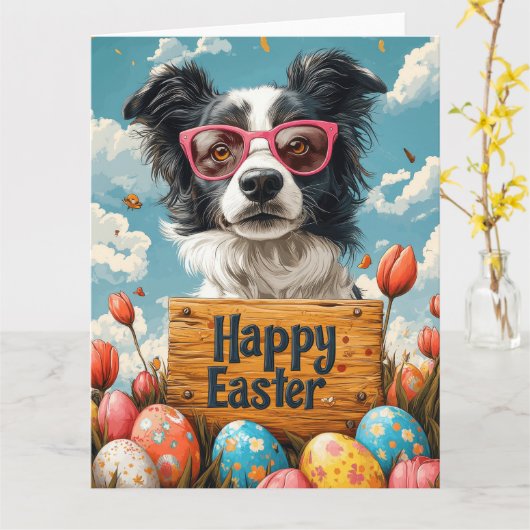 Carte Œufs de Pâques Border Collie (Fleur jaune)