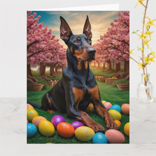 Carte OEufs de Pâques Doberman (Fleur jaune)