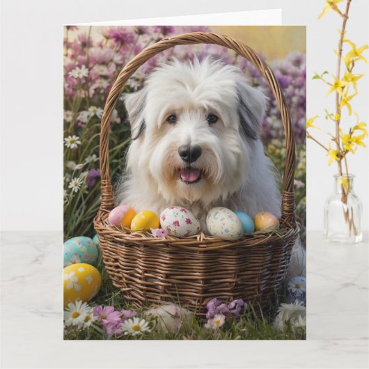 Carte Œufs de Pâques Old English Sheepdog (Fleur jaune)