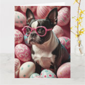 Carte Oeufs de Pâques Terrier de Boston (Fleur jaune)