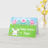 Carte Oeufs roses et turquoise de lapin Joyeux Pâques (Fleur jaune)