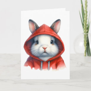 Carte Œuvre d'art à l'aquarelle Lapin blanc à capuche ro