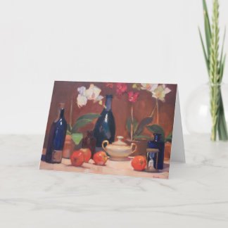 Carte Oeuvre d'orchidées avec bol de sucre et bouteilles