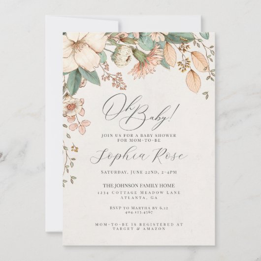 Carte Oh Bébé rose fleur sauvage baby shower floral fill (Devant)