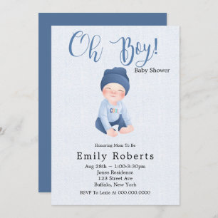 Carte Oh Garçon bleu Denim Cartoon Baby Douche Invitatio