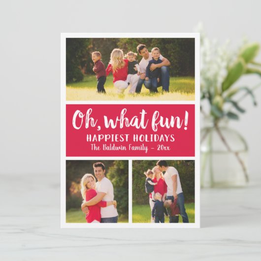 Carte Oh What Fun Red Script Holiday Photo Collage (Debout devant)