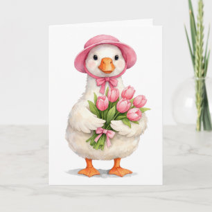 Carte Oie blanche d'anniversaire avec bouquet de tulipes