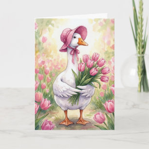 Carte Oie blanche d'anniversaire avec tulipes roses