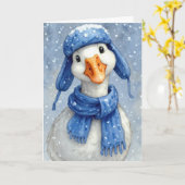Carte Oie blanche de Noël avec écharpe bleue (Fleur jaune)