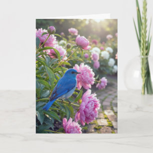 Carte Oiseau Bleu d'Anniversaire Sur une Pivoine Rose