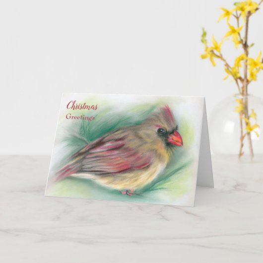 Carte Oiseau cardinal féminin en Pine Pastel Art Noël (Fleur jaune)