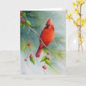 Carte Oiseau cardinal rouge mâle, aquarelle (Fleur jaune)