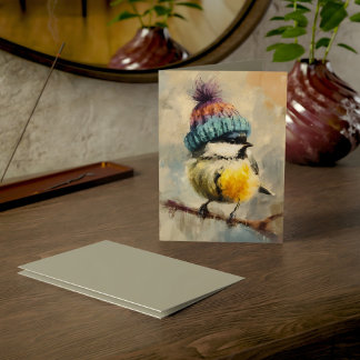 Carte Oiseau chanteur d'hiver au chapeau tricoté/Carte d