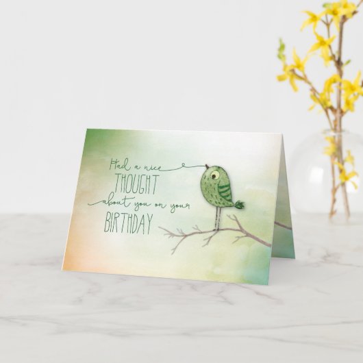 Carte Oiseau d'anniversaire avec ficelle sur branche (Fleur jaune)