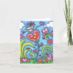 CARTE OISEAU D'ART POPULAIRE FANTAISISTE, JARDIN DE COEU