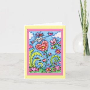CARTE OISEAU D'ART POPULAIRE FANTAISISTE, JARDIN DE COEU