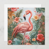 Carte Oiseau de Flamant rose rose élégant et fleurs trop (Devant / Derrière)