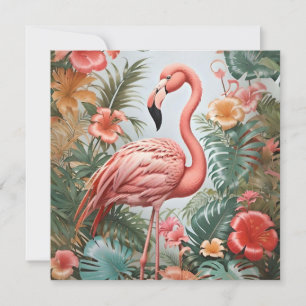 Carte Oiseau de Flamant rose rose élégant et fleurs trop