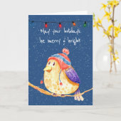 Carte Oiseau de Noël en flocons de neige sur le bleu (Fleur jaune)