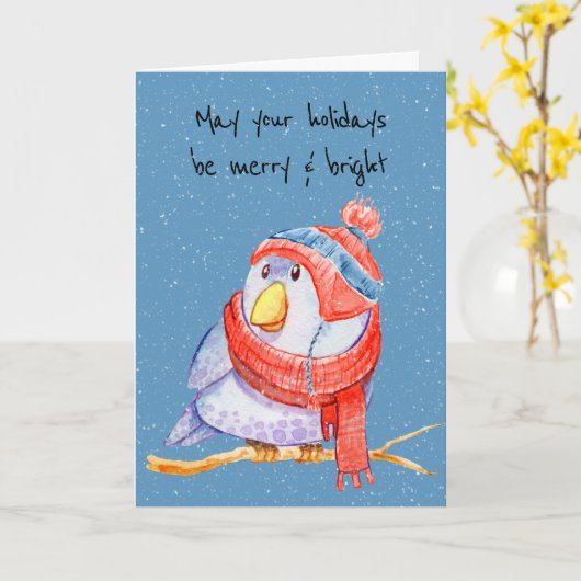 Carte Oiseau de Noël en flocons de neige sur le bleu (Fleur jaune)