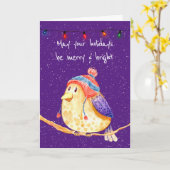 Carte Oiseau de Noël en flocons de neige violet (Fleur jaune)