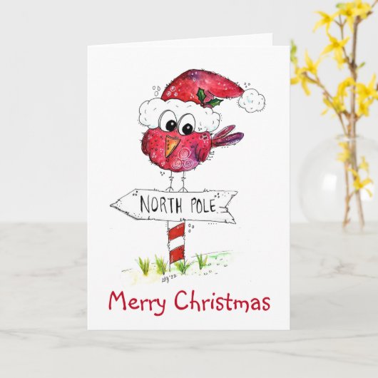 Carte Oiseau de Noël Rouge Fantaisiste (Fleur jaune)