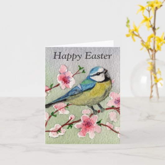 Carte Oiseau et Fleurs Joyeuses Pâques (Fleur jaune)