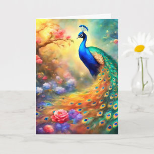 Carte Oiseau paon 100 avec des fleurs