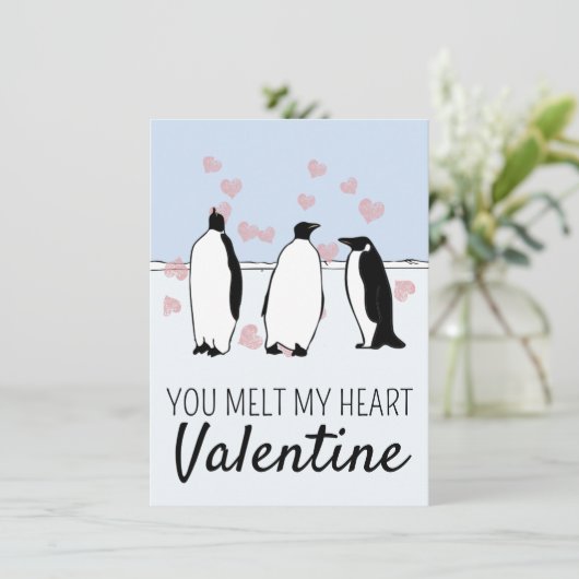 Carte Oiseau Penguin Valentine Coeurs roses Fondre Mon C (Debout devant)