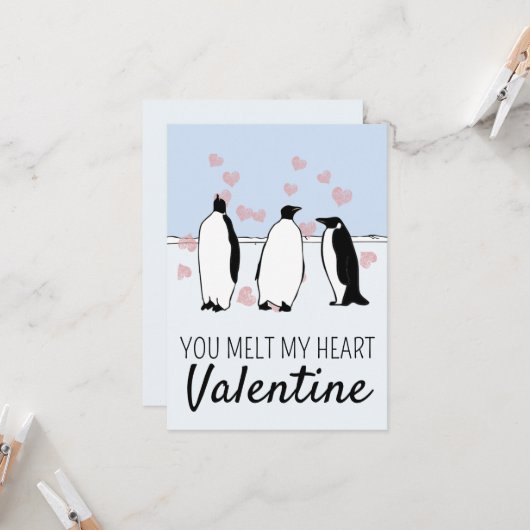 Carte Oiseau Penguin Valentine Coeurs roses Fondre Mon C (Devant/Arrière en situation)